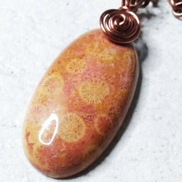 Hand Crafted Jewelry - Wire Wrapped!!! Mango + Tangerine Hues! Chrysanthemum Fossil Pendant + 20" Chain